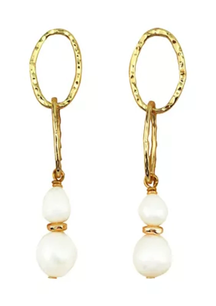 Gold Plated Circle Double Pearl Drop Earrings