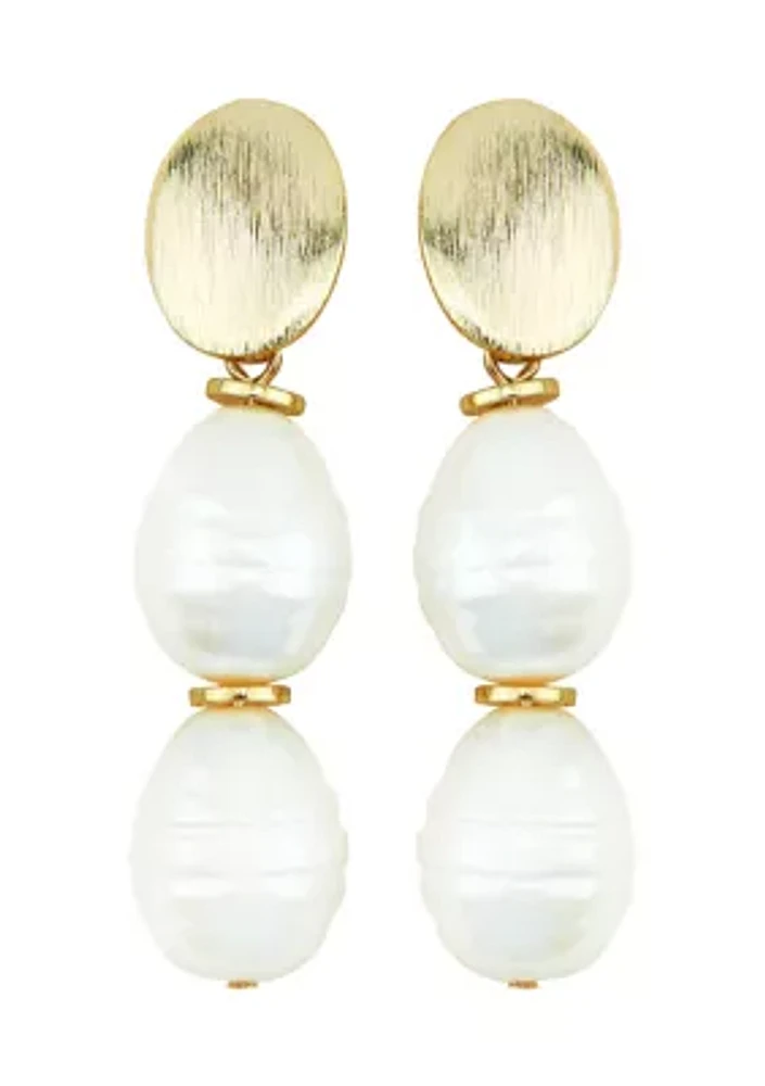 Gold Plated Top Double Pearl Drop Earrings