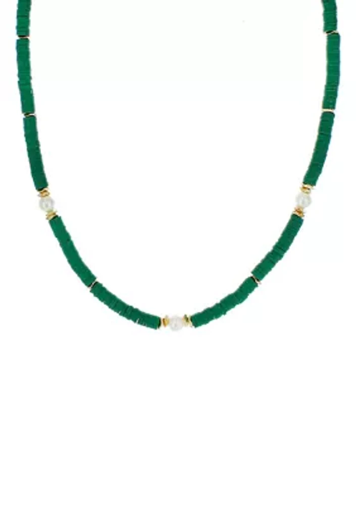 Gold Tone Green Rubber and Pearl Beaded Necklace