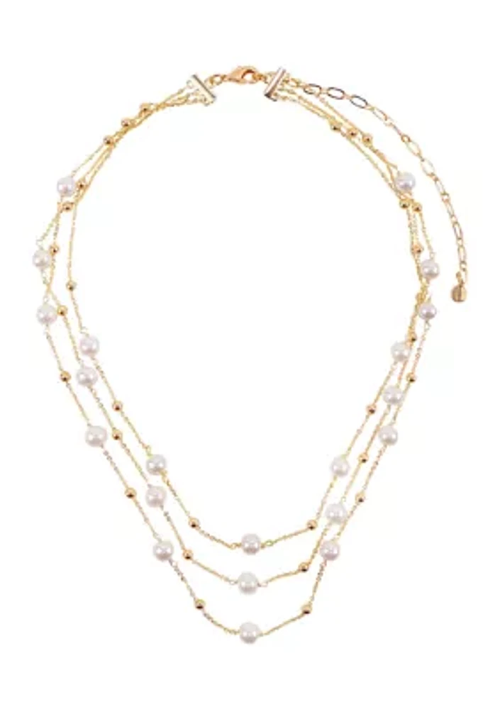 Gold Plated Pearl Three Row Necklace