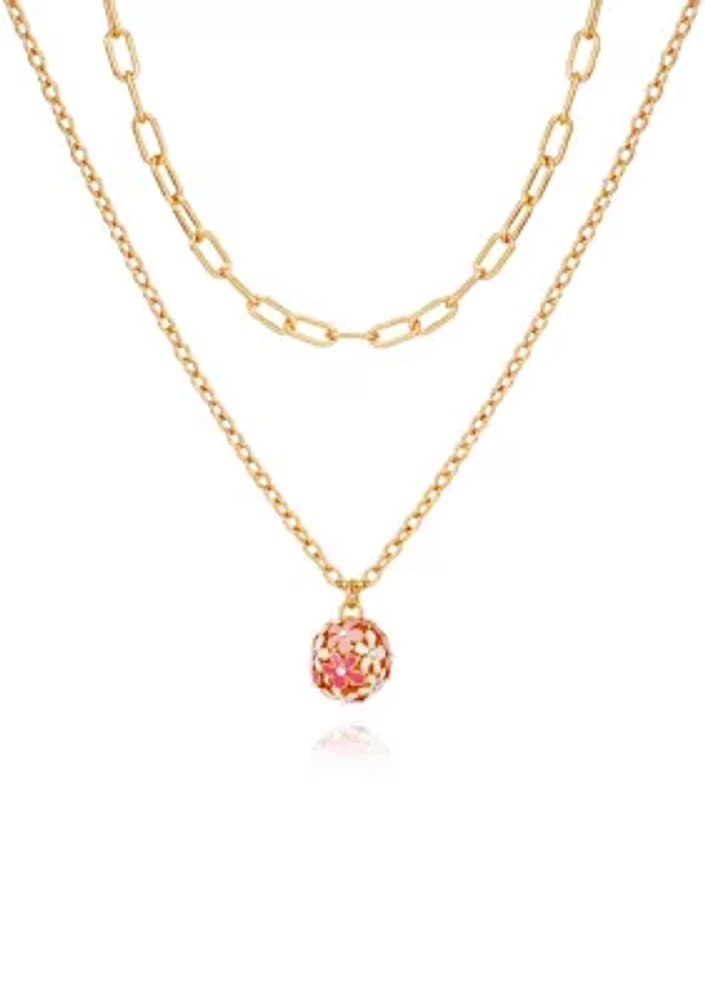 Gold Tone Multi Strand Pink Floral Pendant Necklace