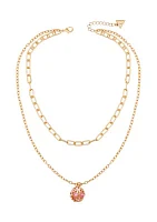 Gold Tone Multi Strand Pink Floral Pendant Necklace
