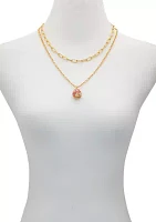 Gold Tone Multi Strand Pink Floral Pendant Necklace