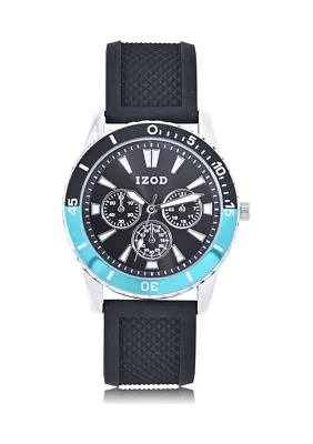 IZOD Black Textured Silicone Strap Watch with Aqua Accent Bezel