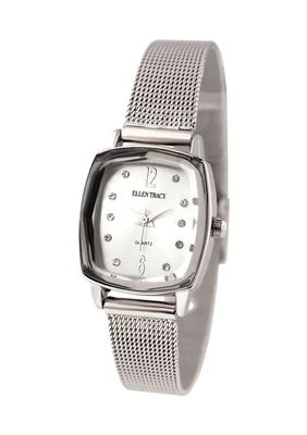 Silver Tone Faceted Bezel Crystal Accent Adjustable Mesh Watch