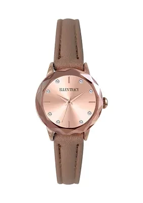 Rose Gold Tone Faceted Bezel Brown Strap Watch 