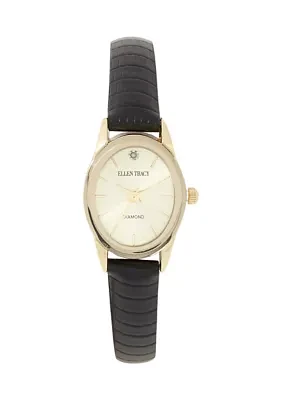 Gold Oval Diamond Black Strap Watch