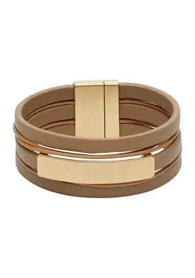 Gold-Tone Tan Leather Magnetic Bracelet