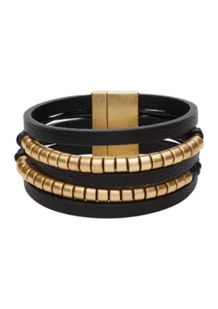 Gold-Tone Black Leather Magnetic Bracelet