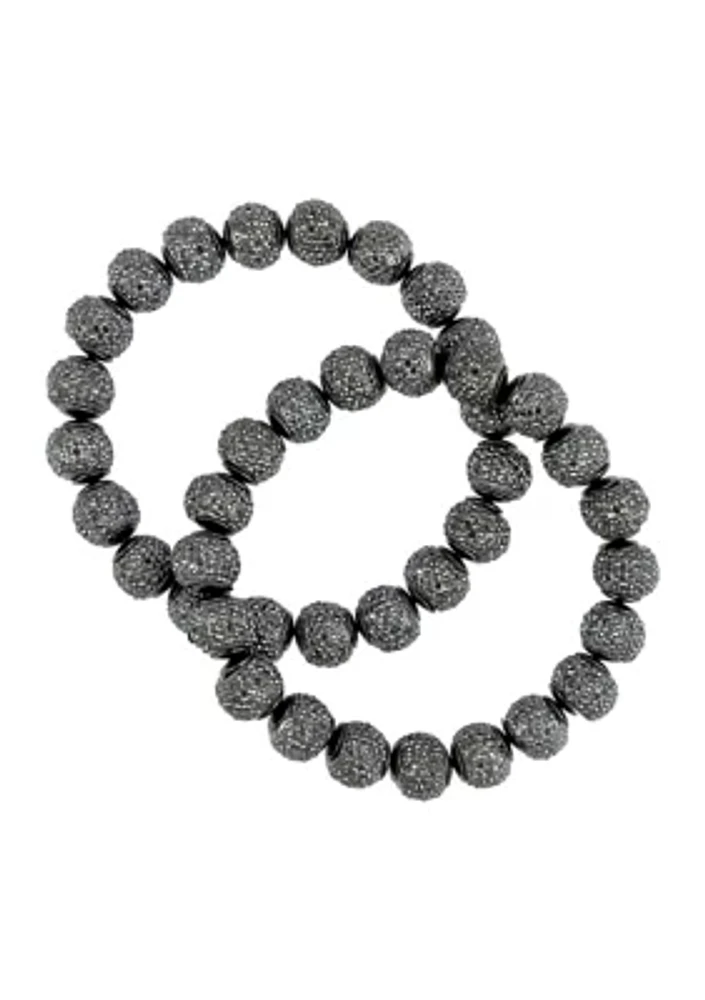 Hematite Tone Stone Fireball Beaded Stretch Bracelets - Set of 2