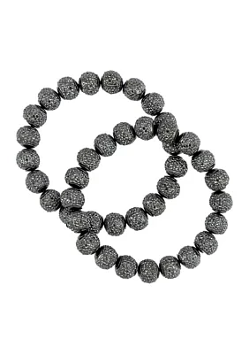 Hematite Tone Stone Fireball Beaded Stretch Bracelets - Set of 2