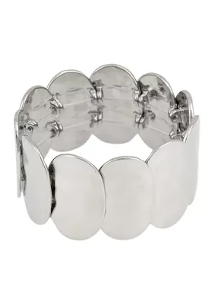 Silver Tone Hammered Oval Disc Stretch Bracelet