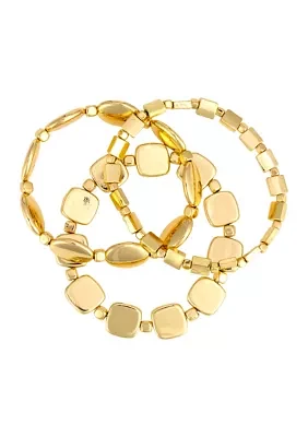 Gold Tone Mixed Shape Beaded Stretch Bracelet - Set of 3