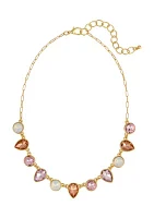 Gold Tone One Row  Pink Multi Teardrop Stone Frontal Necklace