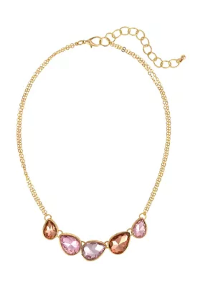 Gold Tone Single Row, 5  Pink Multi Stone Frontal Necklace