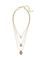 Gold Tone 3 Row Layered with Pink Multi Teardrop Stone Drops Necklace