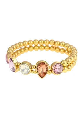 Gold Tone 2 Row Beaded Pink Multi Stones Stretch Bracelet