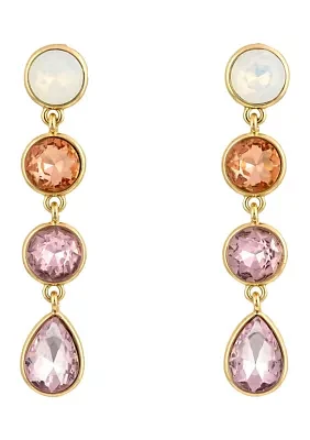 Gold Tone Stone Post with Linked 3 Pink Multi Stone Linear Drop Earrings