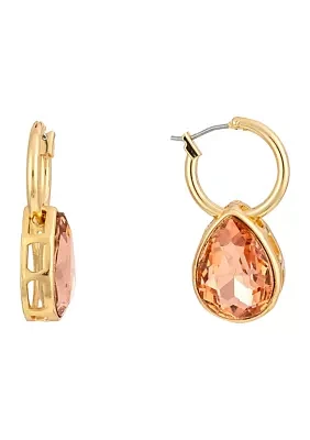 Gold Tone Huggie Hoop With Pink Teardrop Stone Drop Earrings