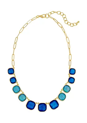 Gold Tone Blue Multi Square Stone Frontal Necklace