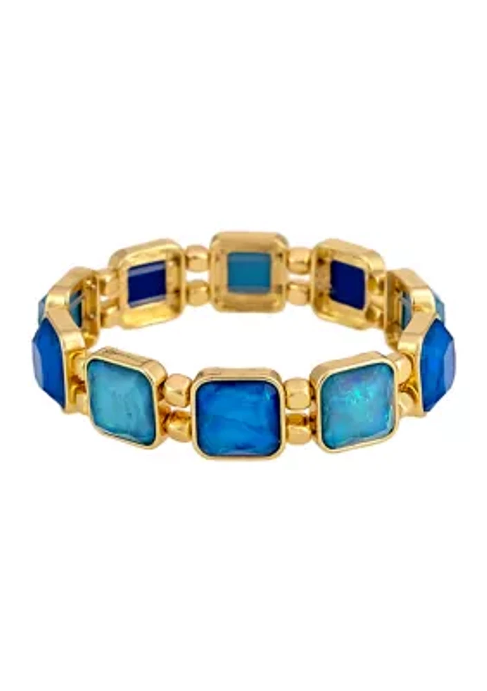 Gold Tone Blue Multi Square Stone Stretch Bracelet