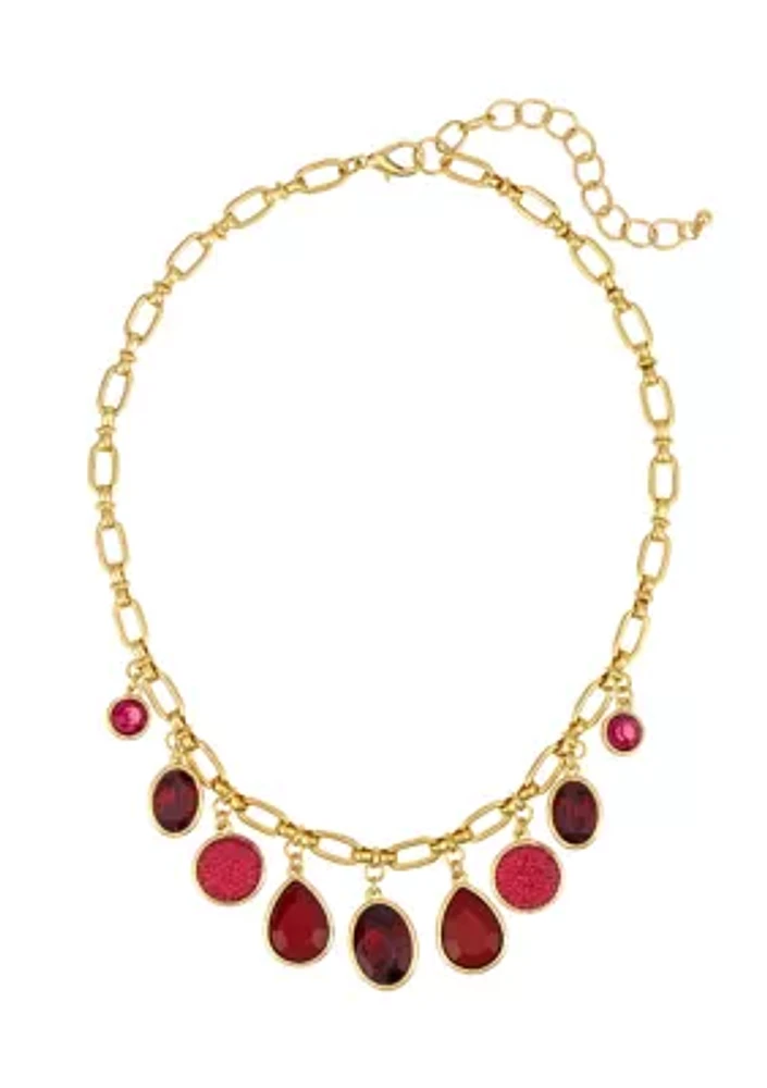 Gold Tone Short Frontal Red Shaky Stone Drops Necklace