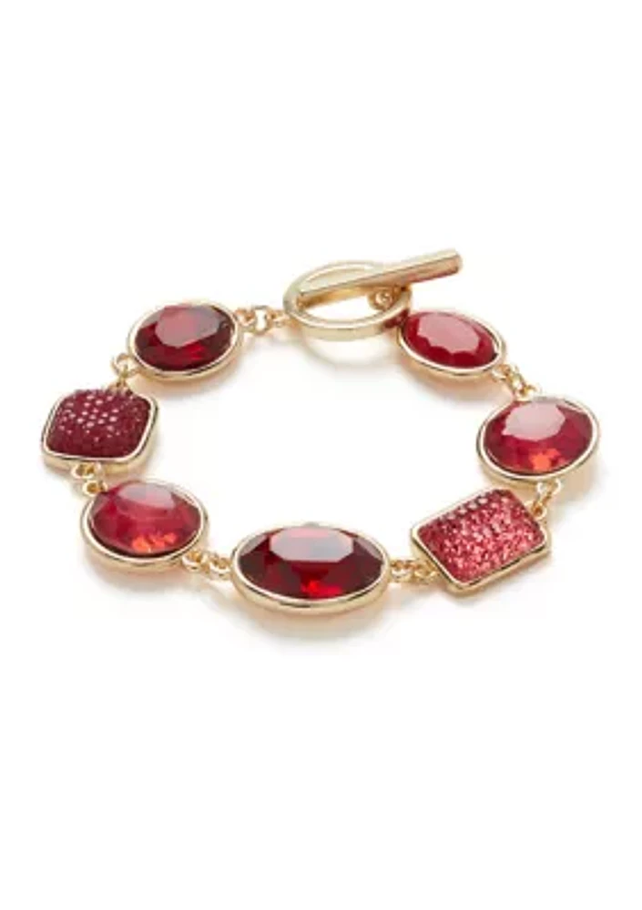 Gold Tone Red Stone Toggle Bracelet