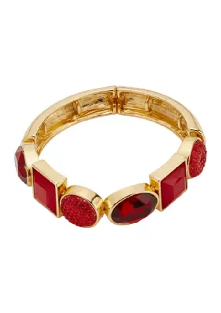 Gold Tone Red Stone Stretch Bracelet