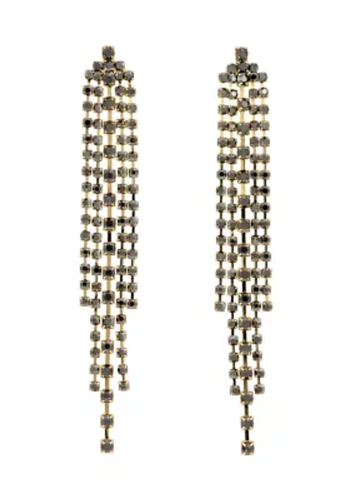 Gold Tone Post Top Hematite Rhinestone Fringe Drop Earrings