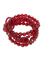 Gold Tone 5 Row Red Beaded Stretch Bracelet