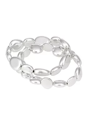 Silver Tone 2 Row Beaded Stretch Bracelet Set