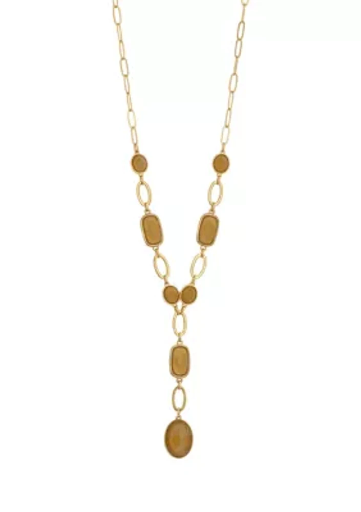 Gold Tone Linked Faceted Natural Colored Stone Y Necklace