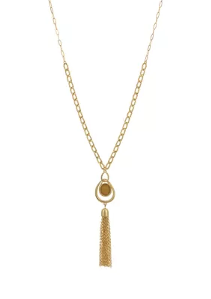 Gold Tone Long Linked Chain Tassel Pendant Necklace