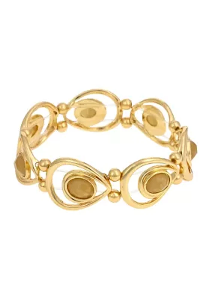 Gold Tone Framed Natural Colored Oval  Stone Stretch Bracelet