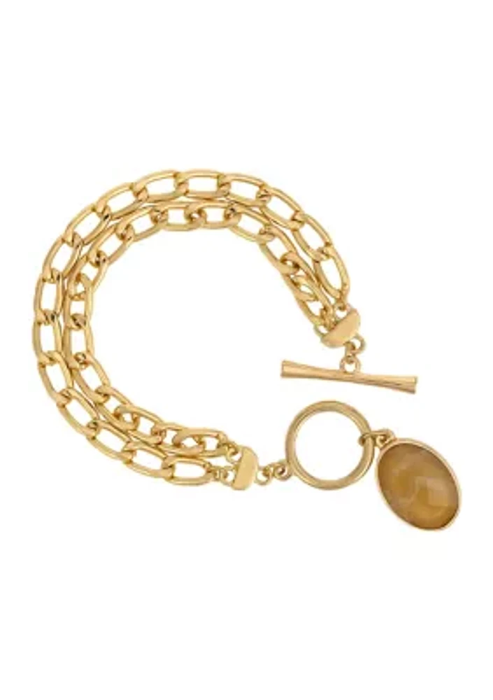 Gold Tone 2 Row with Toggle Closure Natural Colored Oval Stone Drop Chain Bracelet 