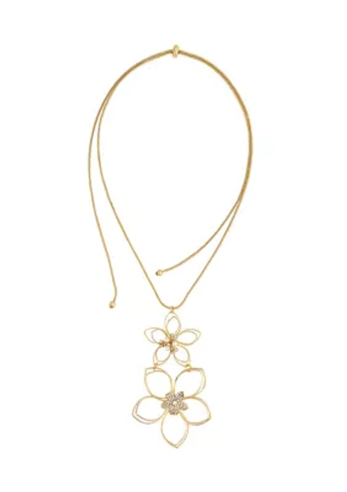 Gold-Tone Double Open Flower Pendant Adjustable Necklace