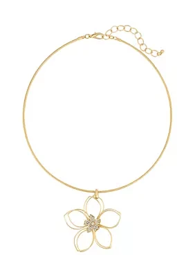 Gold-Tone Open Flower with Crystal Stone Center Pendant Necklace