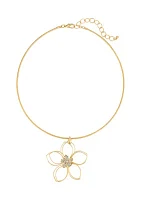 Gold-Tone Open Flower with Crystal Stone Center Pendant Necklace