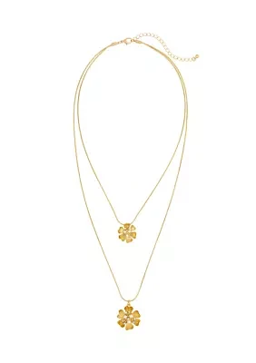 Gold-Tone Layered 2 Row Flower Pendant Drops Necklace