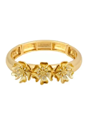 Gold-Tone 3 Part Flower Frontal Stretch Bangle Bracelet