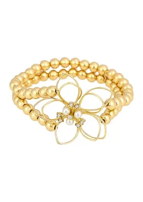 Gold-Tone 2 Row Beaded Open Flower Stretch Bracelet