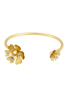 Gold-Tone Open Cuff with Flower Ends Bracelet