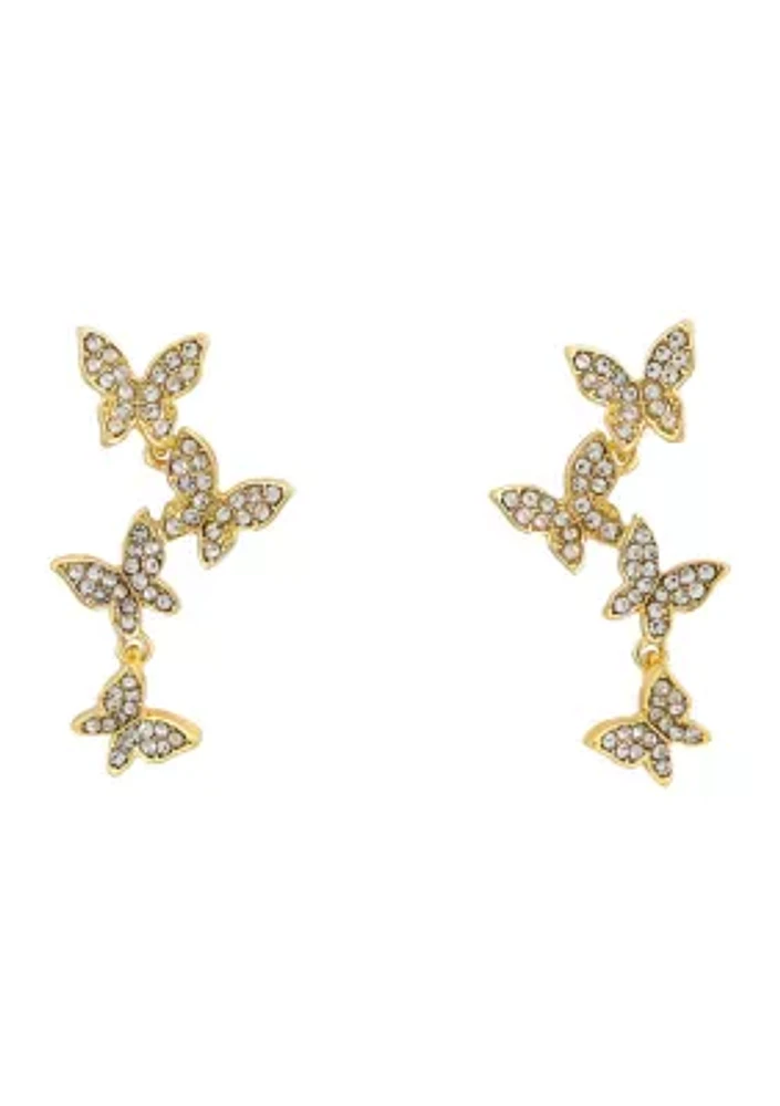 Gold Tone Crystal Butterfly Linear Post Drop Earrings