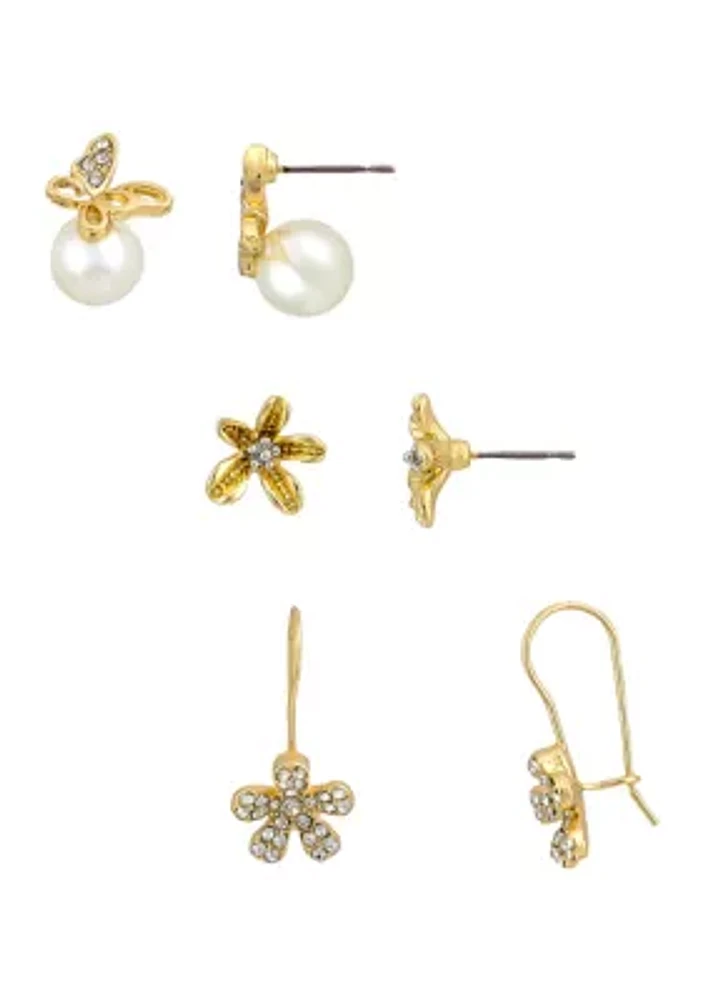 Gold Tone Flower, Butterfly, and Pearl Small Flower Drop Earrings Set