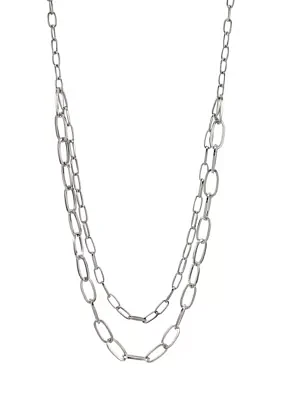 Silver Tone Double Row Long Open  Link Chain Necklace