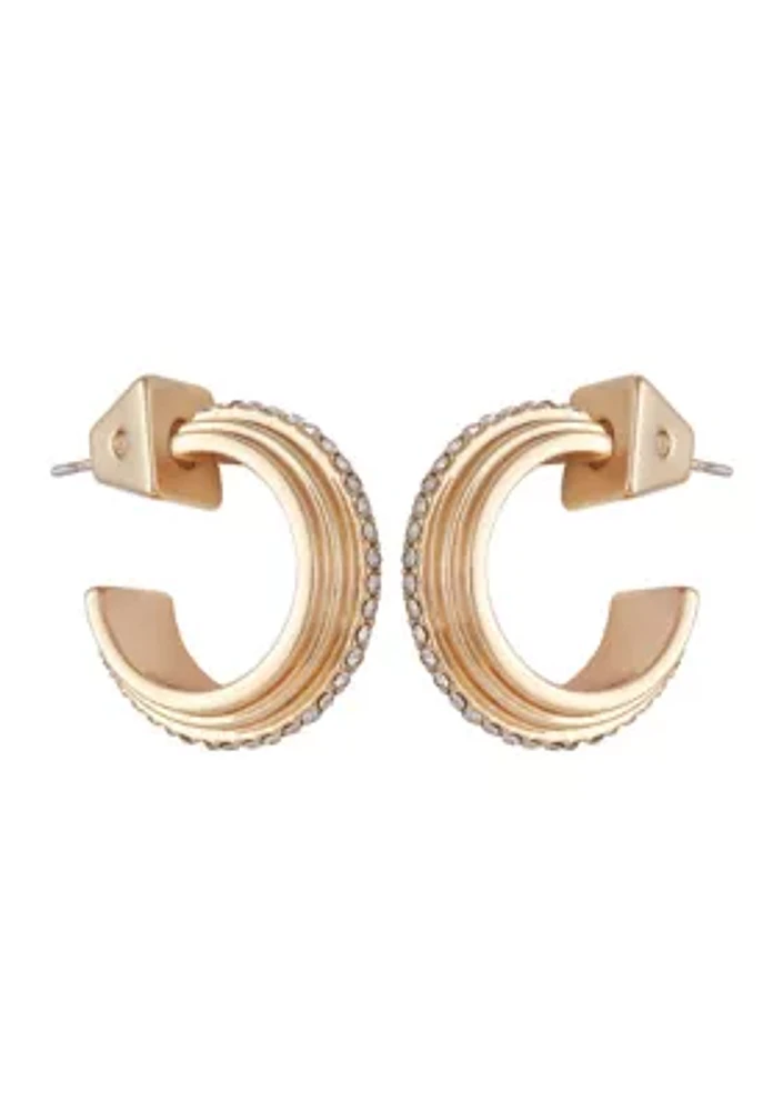 Gold Tone Crystal Deco Hoop Earrings