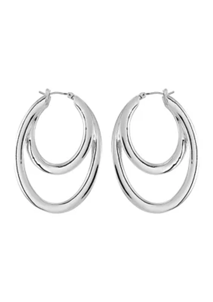 Silver Tone Double Hoop Drop Earrings