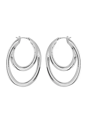 Silver Tone Double Hoop Drop Earrings