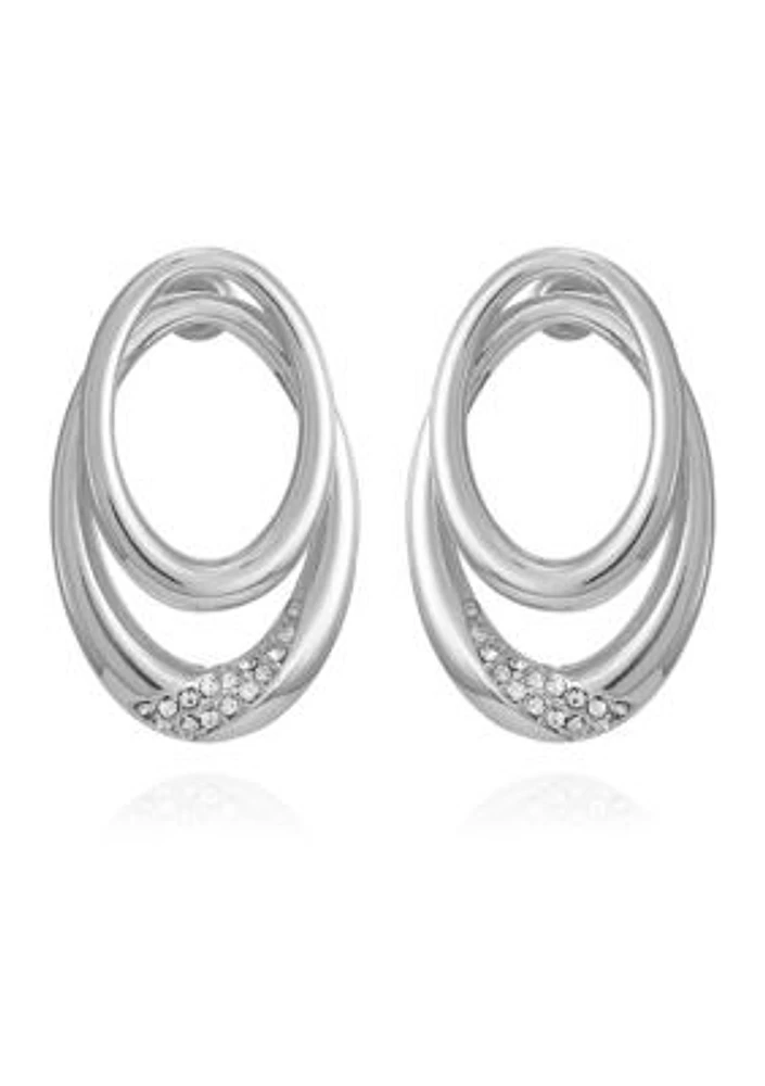 Silver Tone Crystal Oval Double Hoop Earrings