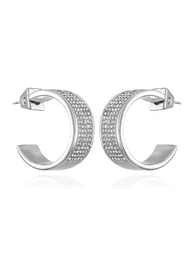 Silver Tone Pavé C Hoop Earrings